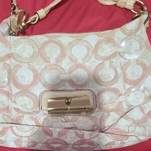 Coach Pink and Cream Circle Pattern Shoulder Bag